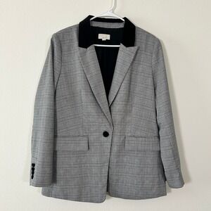 LOFT Womens Glen Plaid Blazer I Black White Velvet Collar Single Button‎ Size 12